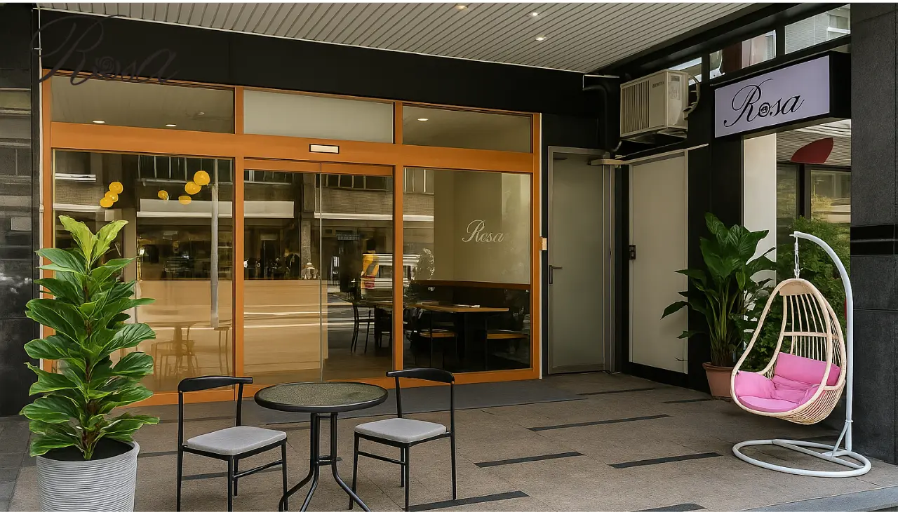 Rosa 義大利餐廳門口的桌椅與吊椅,陽光灑落的午後最適合來杯咖啡。