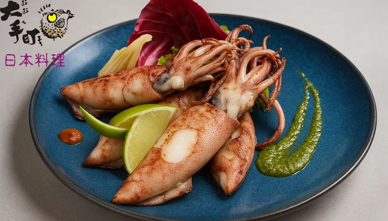 大手町日本料理鹽烤軟絲,高雄棧貳庫日料餐廳,外層微焦香氣濃郁、肉質彈嫩,展現港邊海味與職人火候。