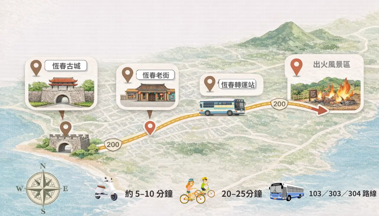 恆春古城經台200線前往出火地質公園交通動線示意圖含方位標示